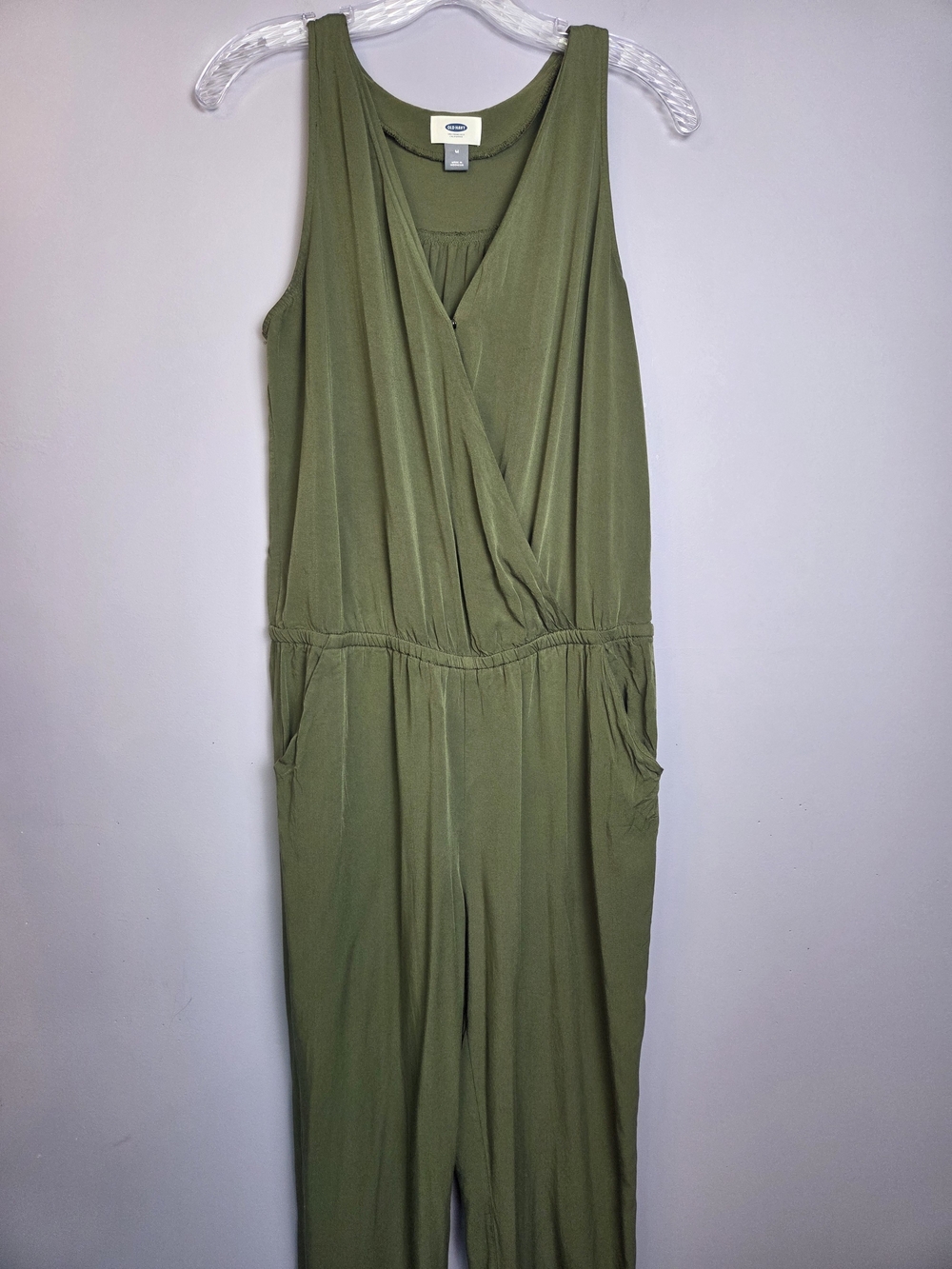 V-Neck Jumpsuit Womens M Olive Pockets Crossover-Front Festival Minimalist Boho